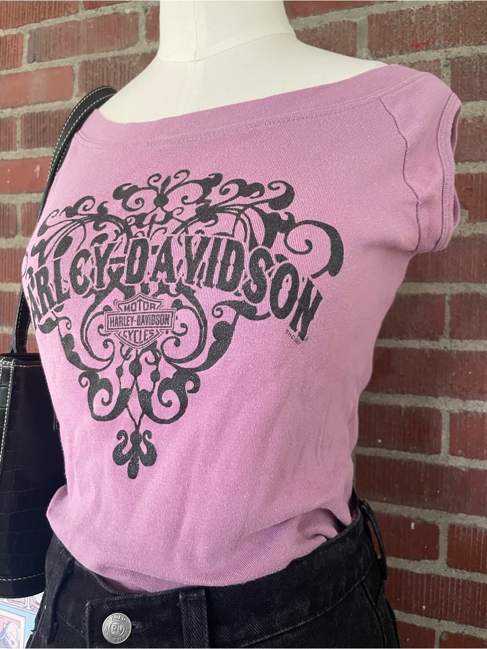 Harley‑Davidson Lilac 2007 Short Sleeve Boatneck Top with Black Graphic